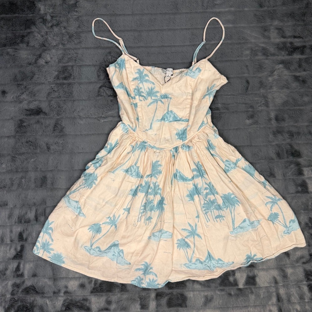 Gianni Bini Tropical Palm Tree Linen Blend Mini Dress Blue Peach Womens Size 0
